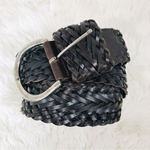 VINTAGE Wide Brown Braided Leather‎ Belt Woven Silver Buckle 90s Y2K Size Large - Picture 4 of 9